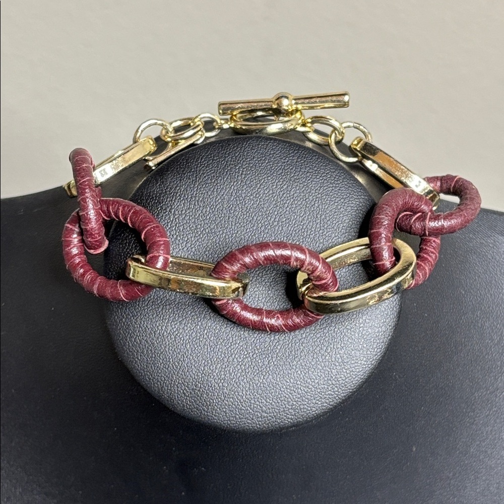 White House Black Market WHBM Gold Burgundy Leather Chain Link Bracelet